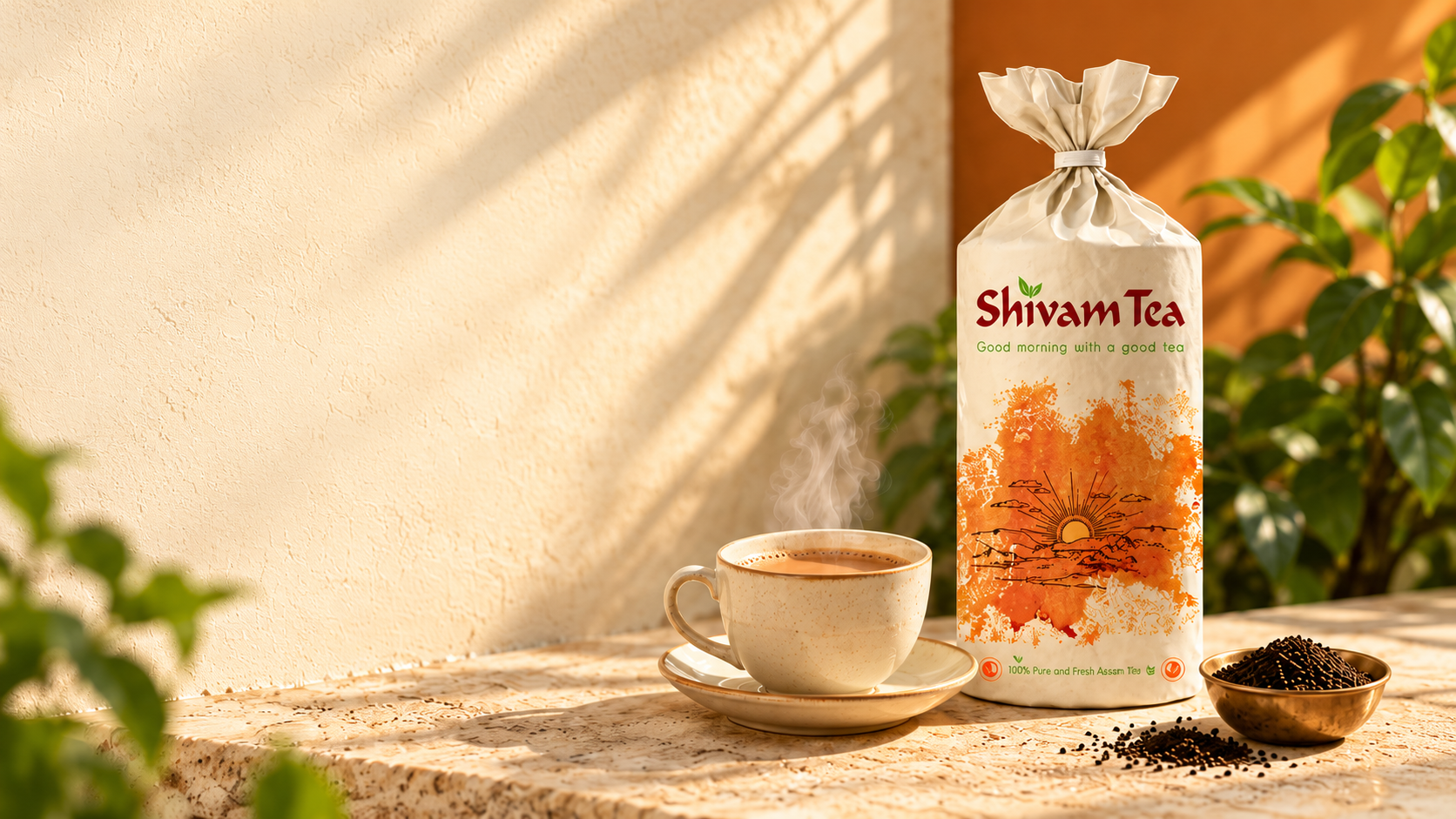 ShivamTea cream pack beside a steaming cup of chai