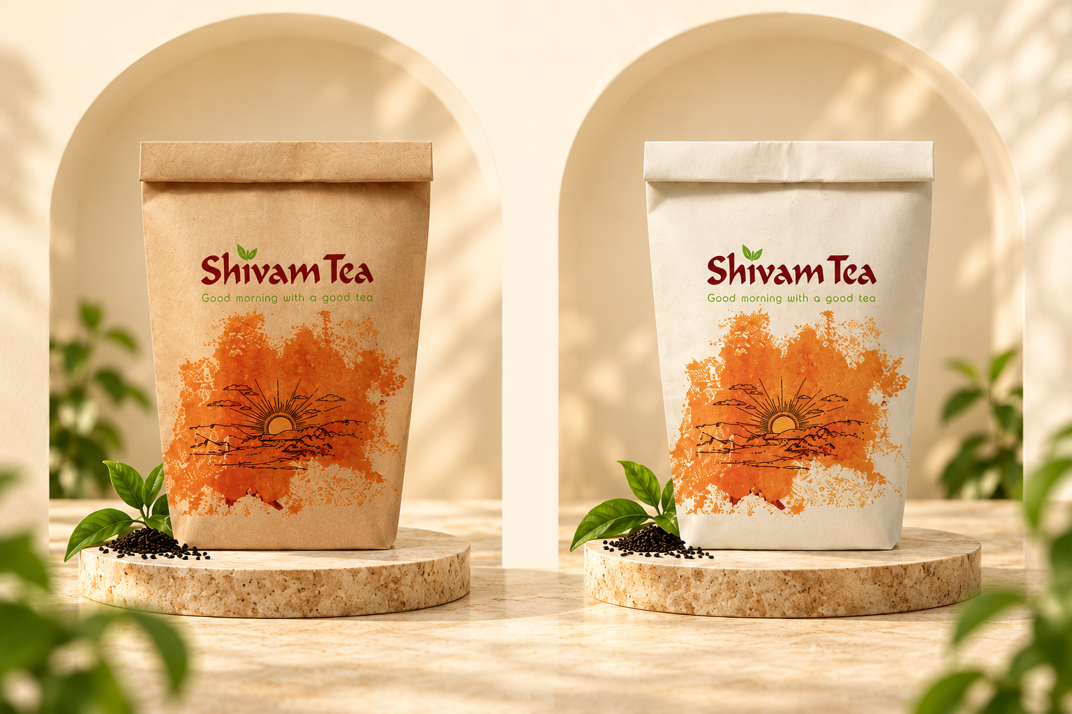 ShivamTea kraft and cream folded-top pouches on stone plinths